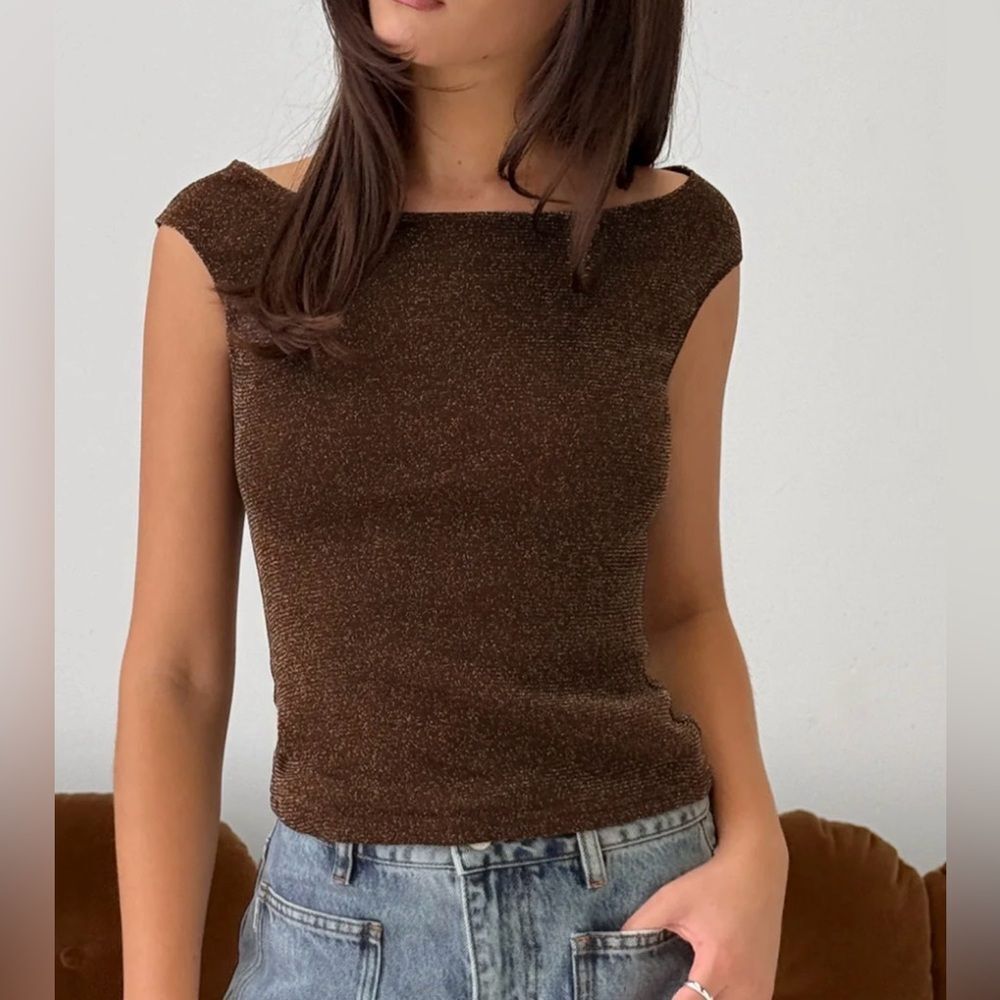 Princess Polly Cheirosa Off Shoulder Top Brown Shimmer Brown Size 10 NWT IN PKG
